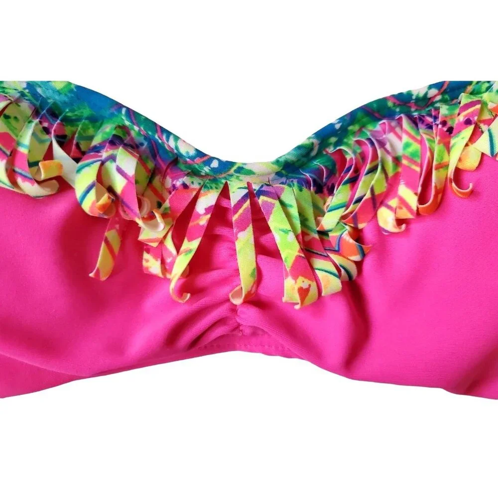 Freestyle Revolution 8 Bikini Top Y2K Halter Fringe Bright Neon Pink Swimwear